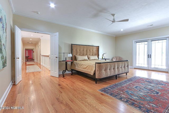 bedroom featuring ceiling fan, french doors, light hardwood / wood-style floors, and ornamental molding