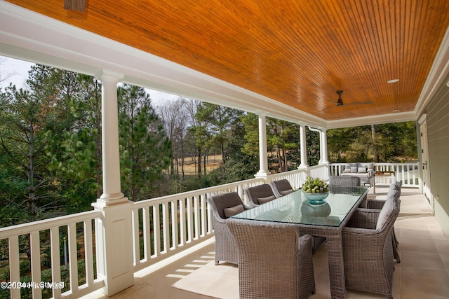 215 Inverrary Rd, Pinehurst, NC 28374 - view of patio / terrace featuring outdoor lounge area, outdoor dining area, ceiling fan, and view of scattered trees