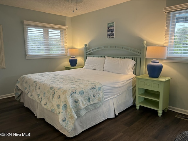 bedroom featuring a textured ceiling, dark hardwood / wood-style floors, and multiple windows