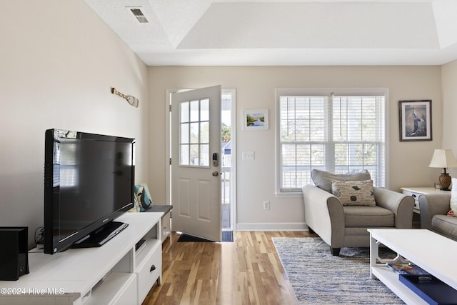 living room featuring a tray ceiling and light hardwood / wood-style flooring