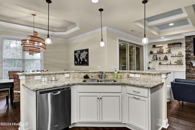 kitchen featuring white cabinetry, stainless steel dishwasher, sink, ornamental molding, and dark hardwood / wood-style floors