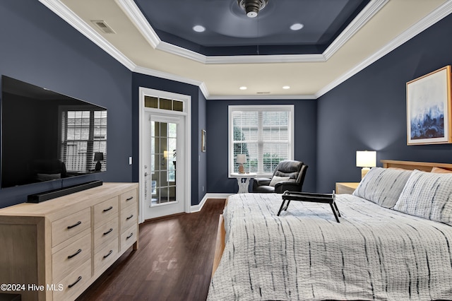 bedroom with dark hardwood / wood-style flooring, a raised ceiling, access to outside, ceiling fan, and crown molding