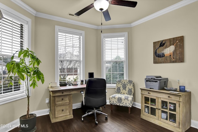 office with ceiling fan, dark wood-type flooring, and ornamental molding