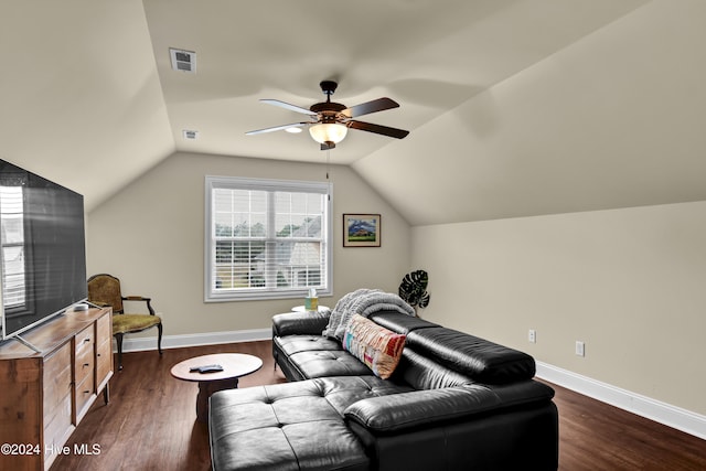 living room with ceiling fan, dark wood-type flooring, and lofted ceiling