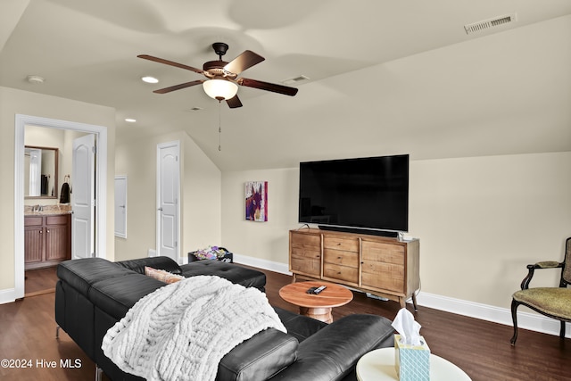 living room with ceiling fan, sink, dark hardwood / wood-style floors, and lofted ceiling