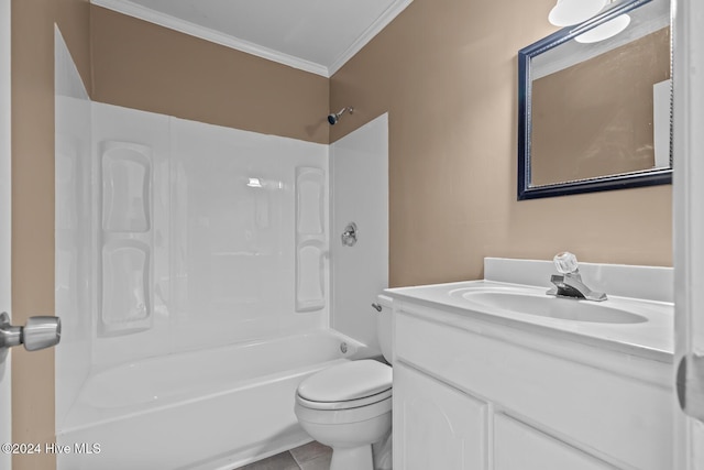 full bathroom with vanity, crown molding, tile patterned flooring, toilet, and tub / shower combination