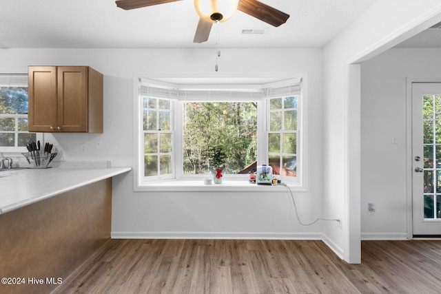 kitchen with ceiling fan and light wood-type flooring