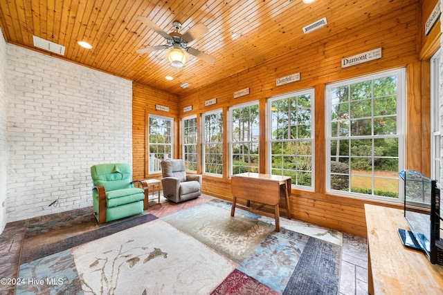 sunroom featuring a wealth of natural light, wooden ceiling, and ceiling fan