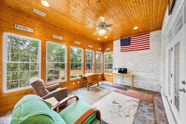 sunroom / solarium with ceiling fan and wooden ceiling