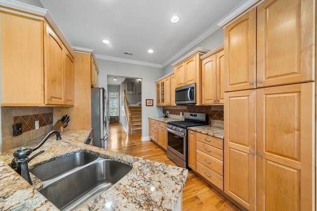 kitchen featuring light hardwood / wood-style floors, light stone countertops, sink, and appliances with stainless steel finishes