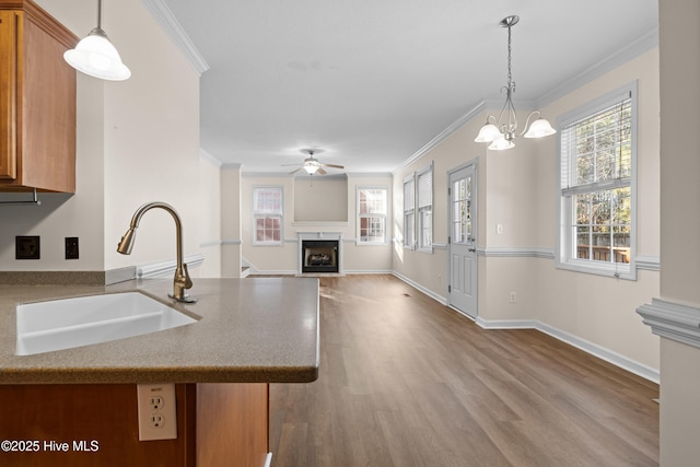 kitchen featuring ceiling fan with notable chandelier, crown molding, sink, and decorative light fixtures