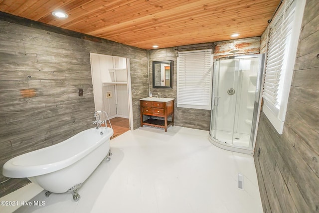 bathroom with separate shower and tub, vanity, and wood ceiling