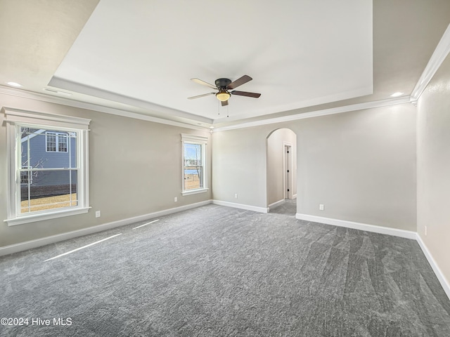 carpeted empty room featuring a raised ceiling, crown molding, and ceiling fan