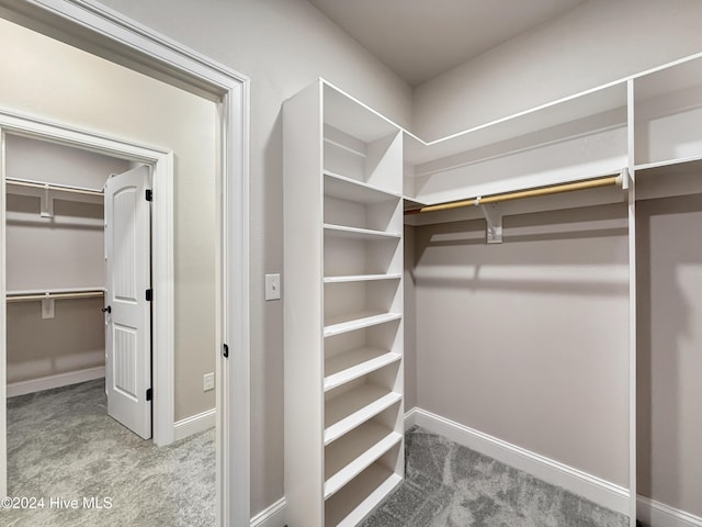 walk in closet with light carpet