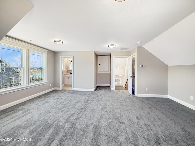 interior space with lofted ceiling, carpet floors, and connected bathroom