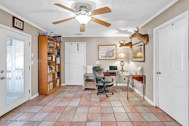 tiled office with ceiling fan, crown molding, and a textured ceiling