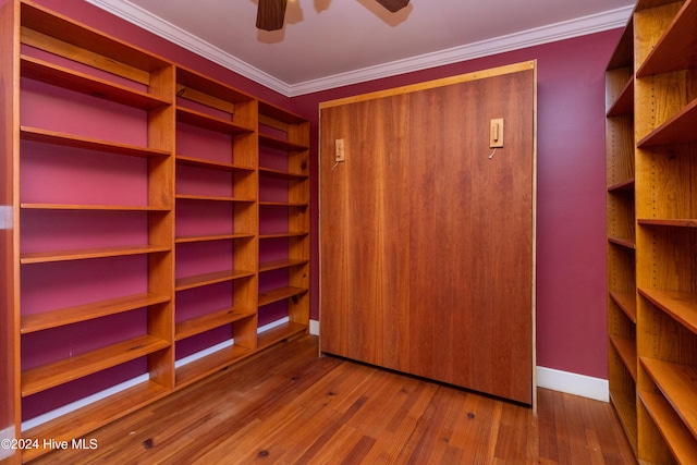 spacious closet featuring ceiling fan and hardwood / wood-style flooring