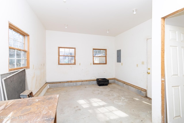 empty room with concrete flooring and electric panel