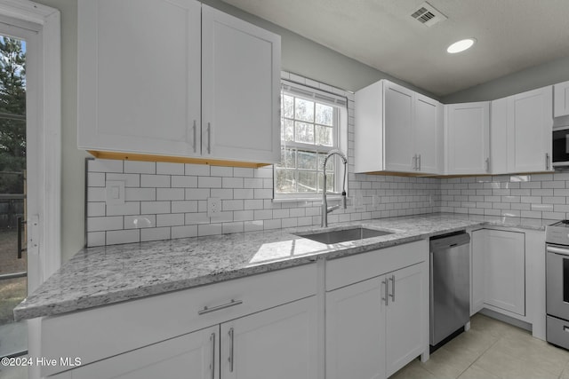 kitchen featuring tasteful backsplash, sink, white cabinets, and stainless steel appliances