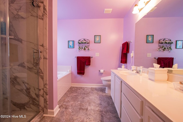 full bathroom with toilet, vanity, and shower with separate bathtub