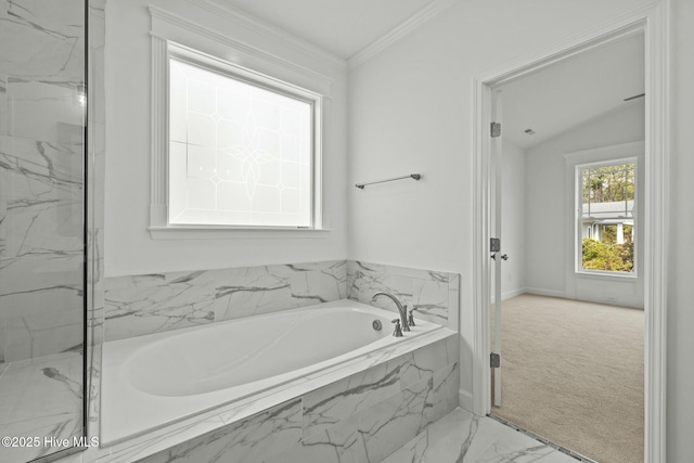 bathroom featuring lofted ceiling, ornamental molding, and independent shower and bath