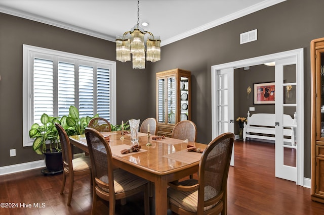 dining space with french doors, a healthy amount of sunlight, and dark hardwood / wood-style floors