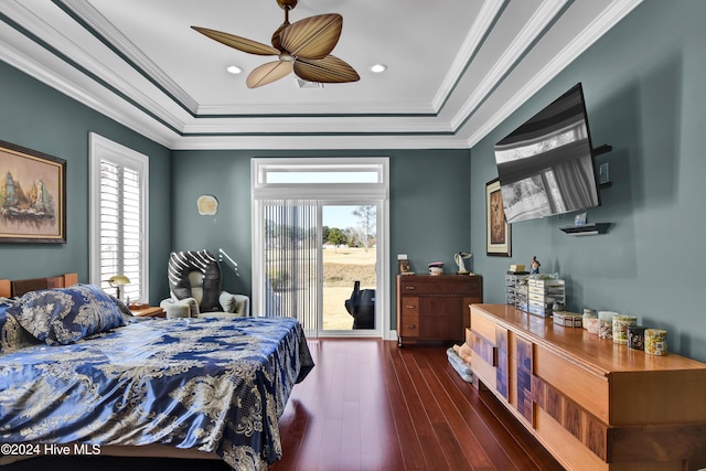 bedroom featuring access to exterior, crown molding, ceiling fan, and dark wood-type flooring