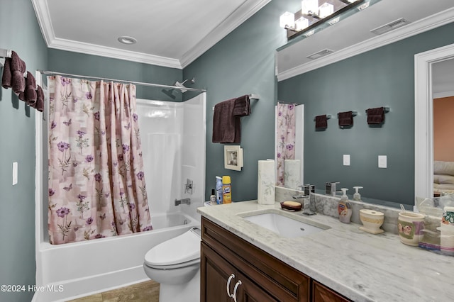 full bathroom featuring crown molding, shower / bath combo with shower curtain, vanity, and toilet