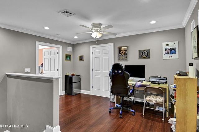 office space featuring ceiling fan, dark hardwood / wood-style flooring, and crown molding