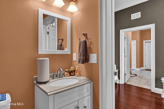 bathroom with vanity and wood-type flooring