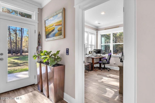 interior space with light wood-type flooring and ornamental molding