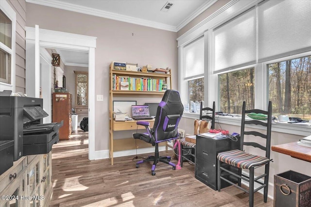 office space featuring ornamental molding, hardwood / wood-style flooring, and a healthy amount of sunlight