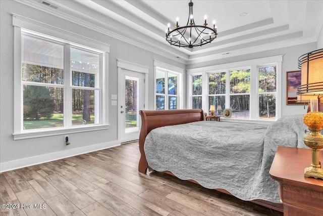 bedroom featuring multiple windows, a raised ceiling, a chandelier, and access to exterior