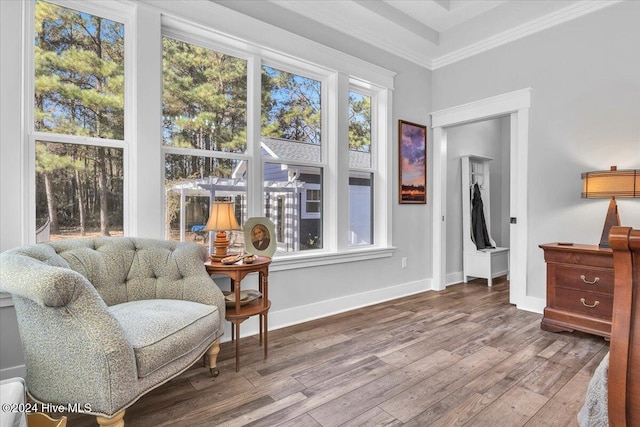 sitting room featuring ornamental molding and wood-type flooring