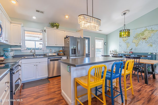 kitchen with a wealth of natural light, a breakfast bar, stainless steel appliances, and lofted ceiling