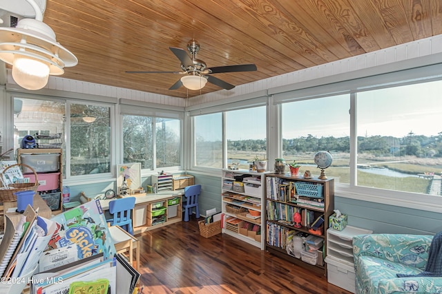 sunroom / solarium with ceiling fan, a water view, and wood ceiling