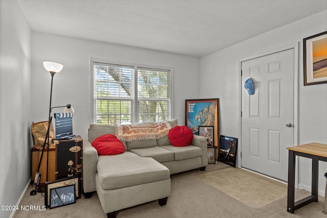 living room featuring light colored carpet and a textured ceiling