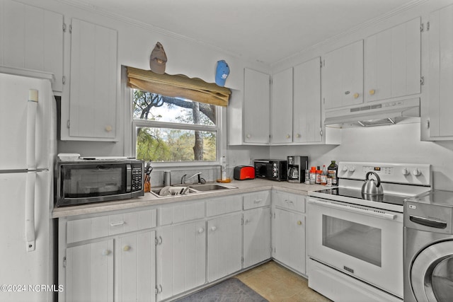 kitchen with white cabinetry, sink, electric range oven, white refrigerator, and washer / dryer