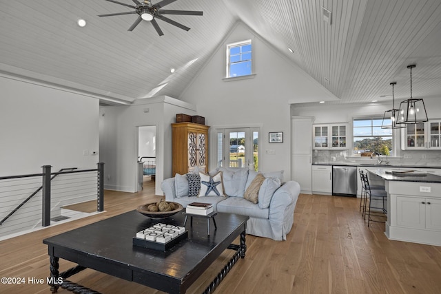 living room featuring light wood-type flooring, sink, and a wealth of natural light