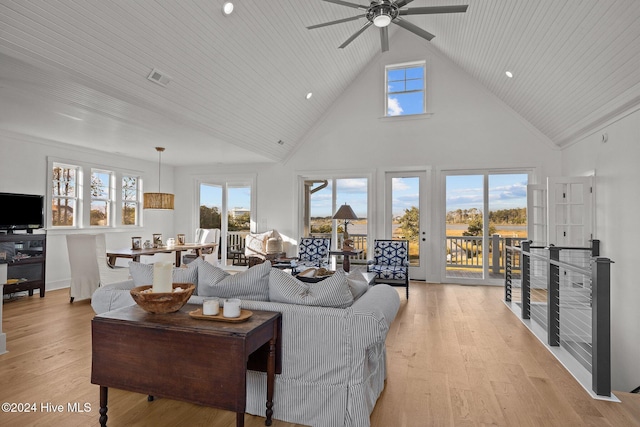 living room featuring ceiling fan, high vaulted ceiling, wooden ceiling, and light wood-type flooring