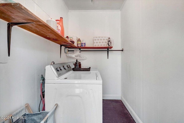 laundry area featuring separate washer and dryer and ornamental molding