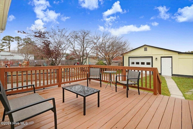 deck with an outbuilding