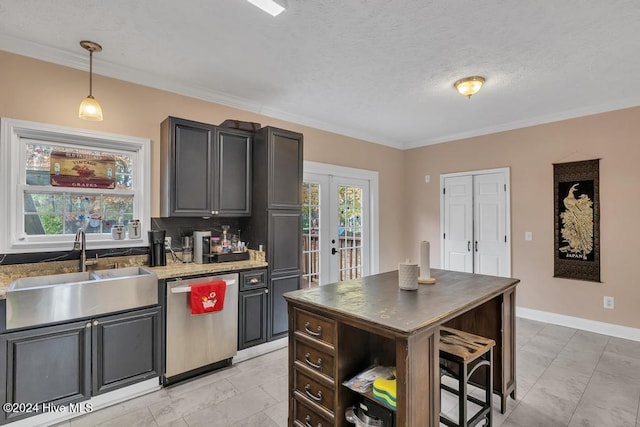 kitchen featuring french doors, crown molding, sink, dishwasher, and hanging light fixtures