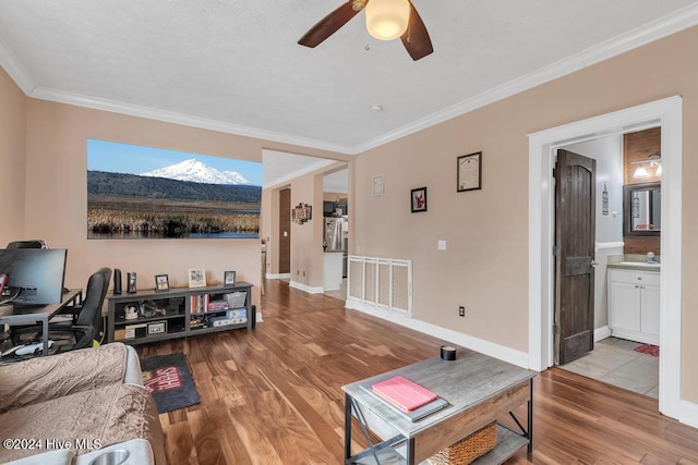 living room featuring ceiling fan, a mountain view, light wood-type flooring, and ornamental molding