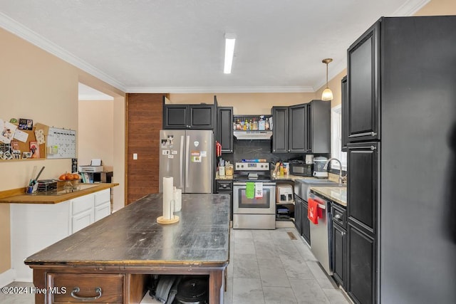 kitchen featuring sink, tasteful backsplash, decorative light fixtures, appliances with stainless steel finishes, and ornamental molding