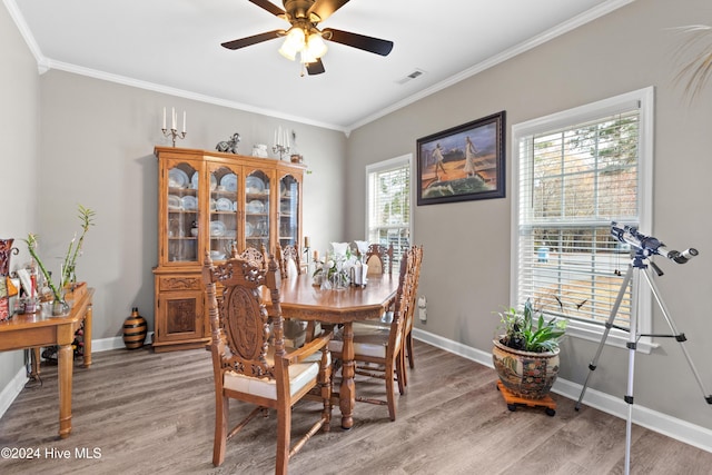 dining space with a healthy amount of sunlight, wood-type flooring, and crown molding