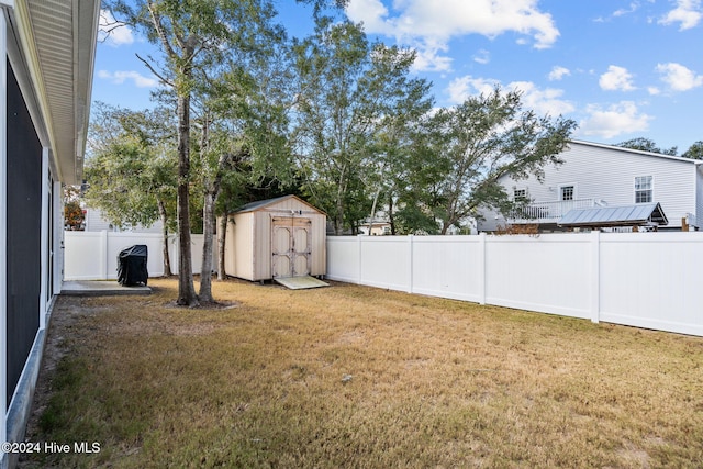 view of yard with a storage shed