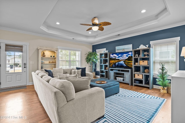 living room featuring a tray ceiling, a healthy amount of sunlight, and light hardwood / wood-style floors