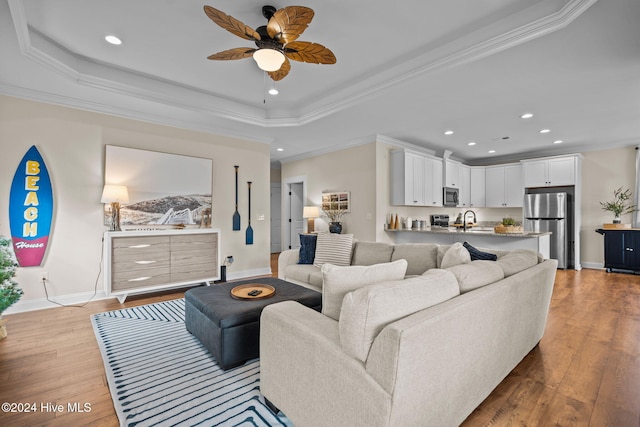 living room featuring a tray ceiling, sink, light hardwood / wood-style flooring, and ornamental molding