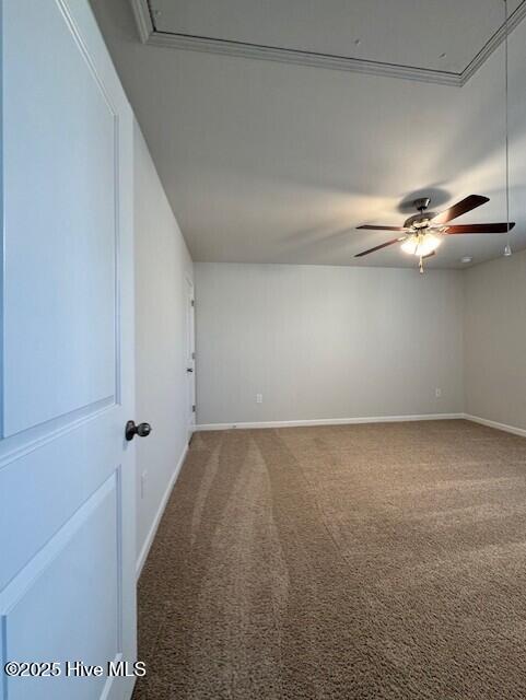 unfurnished room with ceiling fan and carpet floors